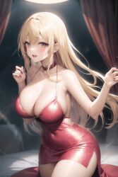 ai_generated big_ass big_breasts big_butt bimbo blonde_hair choker dress escort green_eyes huge_breasts light-skinned_female light_skin long_hair miniskirt party_girl partygirl pink_dress rich rich_girl spaghetti_strap thick thick_ass tight_clothing tight_dress white