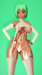big_breasts big_breasts dark-skinned_female dark_skin emerald_sustrai green_background green_hair huge_breasts koikatsu nakadashi_(artist) red_eyes rwby thick_thighs thighhighs thighs toned toned_body toned_female toned_stomach