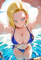 2025 ai_generated android_18 anime beach_background belly blonde_eyebrows blonde_hair_female blue_bikini blue_eyes_female crunchyroll dragon_ball golden_earrings grinning_at_viewer holding_camera holding_viewer instagram looking_at_viewer manga meta smile_at_viewer smiling_at_viewer toei_animation tummy unknown_artist wet_bikini wet_body wet_skin