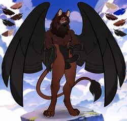 absurd_res alekdagryph anthro aridolena avian balls beak black_body blue_eyes brown_body brown_fur erection foreskin fur genitals gryphon hair hi_res inner_ear_fluff looking_at_viewer male male_only mane model_sheet mythological_avian mythological_creature mythology nipples nude paws penis simple_background smile solo tail tail_tuft tuft uncircumcised wings