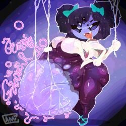 1:1 accessory arachnid arthropod belly big_belly big_breasts bodily_fluids breasts cami_gz clothing cosplay crossover crossover_cosplay digital_media_(artwork) fangs female female_pred fully_inside huge_belly huge_breasts muffet multi_arm multi_eye multi_limb open_mouth solo spider teeth thick_thighs undertale undertale_(series) vore