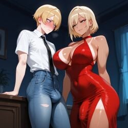 1boy 1boy1futa 1futa ai_generated ass blonde_hair blue_eyes blush blush breasts bulge bulge_through_clothing classy dark_room desk ear ear flaccid futanari hi_res high_resolution highres huge_breasts jeans large_breasts legs long_dress navel nervous night penis penis_outline picture_frame plant qqme red_dress seduction seductive seductive_body seductive_eyes seductive_gaze seductive_look seductive_pose seductive_smile sexy shirt short_hair shoulders shy smile smiling standing tan_body tan_lines tan_skin thin_waist tie tight_clothing wide_hips window