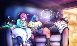 1boy 3girls asian_female black_hair blanket blue_hair blush bunny_slippers chilling cleavage cleavage_window closed_eyes couch crushed_by_ass dark-skinned_female dark-skinned_male dark_room digital_media_(artwork) fan_character female flip_flops ghost hair_buns hanging_out heart hearts_around_head hi_res highres kojoarts larger_female laying_back laying_down light-skinned_female living_room male multiple_females multiple_girls no_socks oblivious oc pajamas passed_out pillow pink_hair pokemon pokemon_(species) pokemon_trainer ripped_clothing ripped_pants self_insert short_hair shorts sitting sitting_down sitting_on_lap sitting_on_person sleepover smaller_male snickering space_buns spread_legs spreading sweater thicc thick_thighs thought_bubble twitch_lines unaware wardrobe_malfunction white_face yoga_pants