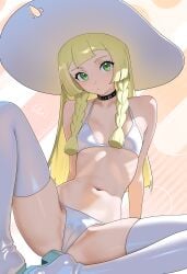 1girls absurdres artist_name bikini black_choker blonde_hair boots braid breasts cameltoe choker female female_focus green_eyes hat highres lillie_(pokemon) long_hair looking_at_viewer navel nintendo otokakoto pokemon pokemon_sm sitting small_breasts solo spread_legs swimsuit thigh_boots thighhighs twin_braids white_bikini white_hat white_thighhighs