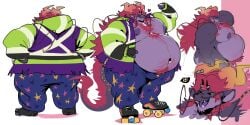 2:1 anthro belly big_belly big_nipples black_sclera body_hair braided_hair chest_hair chest_tuft closed_eyes clothed clothing countershading dragon eastern_dragon enbooka flexing footwear gloves hair hands_on_hips handwear happy_trail hi_res high-vis horn long_hair looking_back male model_sheet musclegut muscular mythological_creature mythological_scalie mythology nipples open_clothing open_mouth open_shirt open_topwear overweight overweight_male pecs roller_skates scalie shirt smile solo star_symbol tail topwear tuft whiskers