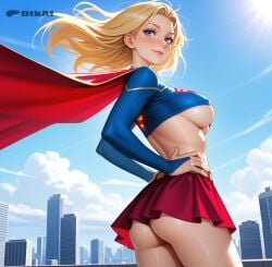 1girls ai_generated big_ass cape city dtkai hand_on_own_hip large_breasts looking_at_viewer miniskirt outside sleeves smile sunlight sunshine supergirl underboob