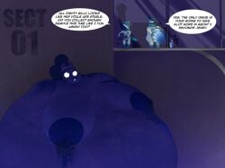 abunbot ambiguous_fluids anthro belly big_belly big_breasts blue_body blueberry_inflation breasts english_text expansion female group hi_res huge_belly immobile inflation laboratory male male/female mammal scientific_experiment text trans_(lore) trio weight_gain