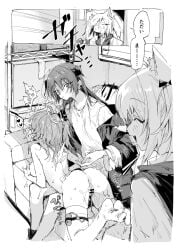 3girls angel animal_ears arknights blush breasts closed_eyes commentary_request controller exusiai_(arknights) exusiai_the_new_covenant_(arknights) female fox_ears fox_girl greyscale halo heart highres horns jacket long_hair medium_breasts monochrome mostima_(arknights) multiple_girls na_tarapisu153 no_shoes open_mouth pussy pussy_juice remote_control shirt sora_(arknights) thigh_strap thighhighs translation_request walk-in yuri