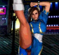 3d 3d_(artwork) action_pose alternate_breast_size asymmetrical_hair big_breasts big_lips blaze_fielding breasts breasts_bigger_than_head brown_hair brown_hair_female capcom chun-li_(cosplay) close-up close_up closeup clothed clothed_female eye_contact female female_only filter huge_breasts human human_female human_only large_breasts leg_up lips looking_at_viewer pixel_art plump_lips solo solo_female street_fighter streets_of_rage streets_of_rage_4 vaako visible_panties