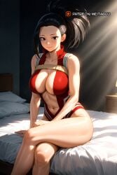 ai_generated arm_support bare_arms bare_legs bare_shoulders bed bedroom black_eyes black_hair blush boku_no_hero_academia breasts center_opening cleavage closed_mouth collarbone crossed_legs feet_out_of_frame female hair_pulled_back hand_on_own_thigh high_ponytail highleg highleg_leotard indoors lamp large_breasts legs leotard light_rays long_hair looking_at_viewer meitabuu navel on_bed pillow ponytail red_leotard sitting smile solo sunlight thighs wide_ponytail yaoyorozu_momo