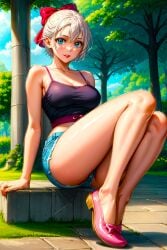 1girls ai_generated anime anime_girl babe big_breasts blue_eyes_female cleavage digital_media_(artwork) earrings fairy_tail female_focus flower grass hair_ribbon lipstick lisanna_strauss looking_at_viewer miniskirt park pink_shoes posing post red_ribbon seductive seductive_pose sexy shonen_jump smiling solo_female stable_diffusion tank_top thick_thighs toongenai trees voluptuous_female waifu white_hair
