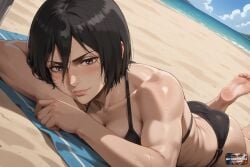 abs absurd_res ai ai_art ai_generated anime anime_girl anime_style aot attack_on_titan beach beach_background beach_towel beach_umbrella bikini bikini_bottom bikini_top black_bikini black_eyes black_hair blush breasts cloud day female hair_between_eyes hi_res high_quality high_resolution highres lips looking_at_viewer lying medium_breasts mikasa_ackerman multiple_girls muscular myaiwaifu69 navel ocean on_side outdoors public shingeki_no_kyojin shiny_skin short_hair sky solo_focus string_bikini sweat swimsuit tan tanlines toned towel uncensored wet