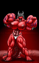 big_breasts breasts do_not_distribute dragon extreme_muscles female hair horns muscles nipples tail thong veins yellow_eyes