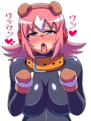 1girls big_breasts black_bodysuit blush bodysuit dog_ears good_girl japanese_text mega_man mega_man_x nana_(mega_man) necklace noburockman open_mouth pink_hair red_necklace robot_girl short_hair tongue_out