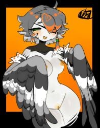 2025 animal_humanoid areola avian avian_humanoid bird_humanoid blush breasts cherusdoodles digital_drawing_(artwork) digital_media_(artwork) eye_patch eyewear female genitals grey_body hi_res humanoid looking_at_viewer narrowed_eyes nipples nude nude_female orange_background orange_blush orange_nipples orange_vulva simple_background smile solo vulva wings