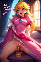 1girls ai_generated armwear blonde_hair blue_eyes blush clothing crown dress ear_piercing female female_only glass human human_only indoors lifting_dress light-skinned_female light_skin long_hair looking_at_viewer mammal mario_(series) mature mature_female nintendo open_mouth peeing pink_dress princess princess_peach pussy royalty sitting solo solo_female solo_focus urine vagina