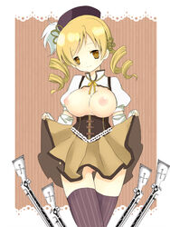 beret blonde_hair breastless_clothes breastless_clothing breasts drill_hair female female_only fingerless_gloves gloves gun hair_ornament hat human large_breasts magical_girl magical_musket mahou_shoujo_madoka_magica nipples no_panties nunoko_ataraxia puffy_sleeves rifle smile solo thighhighs tomoe_mami topless_dress weapon