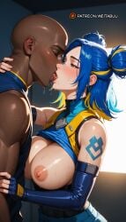 1boy ai_generated arm_tattoo bald bandaid bandaid_on_face bandaid_on_nose bare_shoulders blonde_hair blue_gloves blue_hair blush breasts breasts_out brown_eyes clothes_lift dark-skinned_male dark_skin double_bun elbow_gloves female fingerless_gloves french_kiss gloves hair_bun interracial kissing large_breasts looking_at_another medium_hair meitabu meitabuu multicolored_hair neon_(valorant) nipples pants saliva shiny_skin shirt shirt_lift shoulder_tattoo sleeveless straight streaked_hair sweat tattoo tongue tongue_out two-tone_hair valorant very_dark_skin