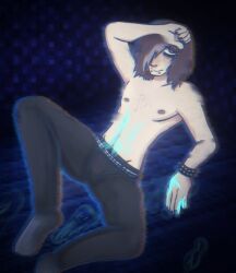 blurry cum_on_body cum_on_self dyed_hair emo freckles ghost hair_over_one_eye ilya_(the_rusty_nails) implied_masturbation male painted_nails partially_clothed self_upload shirtless solo solo_male spectrophilia ultraviolet_light uv_cum