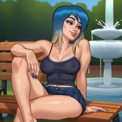1girls 2d 2d_(artwork) ai_generated bench blue_hair breasts cameltoe civitai cleavage digital_drawing_(artwork) eve_(summertime_saga) female female_focus female_only kiwimike light-skinned_female light_skin medium_breasts nipples nipples_visible_through_clothing outdoors outside panties park_bench pussy pussy_lips pussy_peek sitting skirt summertime_saga tank_top teenage_girl teenager underwear vagina