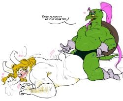 absurd_res anthro asgore_dreemurr ass belly blonde_hair blush bodily_fluids bovid briefs bulge caprine clothing deltarune duo erection erection_under_clothing from_behind_position fur genital_fluids gerson_boom_(deltarune) goat green_body hair heart_symbol hi_res imminent_sex long_hair male male/male mammal nude pink_hair ponytail precum precum_through_clothing prone_bone_position reptile rodenngarabatos scalie sex size_difference small_dom_big_sub turtle undertale_(series) underwear wet wet_clothing white_body white_fur