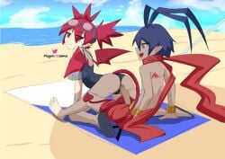 1boy 1girls anal_sex beach blue_hair demon_tail disgaea etna female goggles goggles_on_head jewelry laharl male pointy_ears red_eyes red_hair reverse_cowgirl_position scarf tail