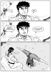 1girl1boy black_and_white capcom chun-li comic curvy english_text funsexydragonball handstand handstand_with_split_pose headstand humor muscular_male ryu_(street_fighter) speech_bubble spread_legs street_fighter thick_thighs