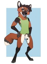 animal_genitalia anthro ball_fondling balls bedroom_eyes biped bottomless brown_body brown_fur canid canine claws clothed clothing digital_drawing_(artwork) digital_media_(artwork) digitigrade dipstick_tail fondling full-length_portrait fully_sheathed fur genitals hi_res inviting looking_at_viewer male mammal maned_wolf markings narrowed_eyes orange_body orange_fur paws portrait presenting seductive sheath shirt smile solo tail tail_markings tank_top topwear trevart white_body white_fur