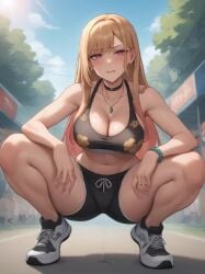 1girls ai_generated big_breasts big_breasts blonde_hair dolphin_shorts kitagawa_marin looking_at_viewer pink_eyes shorts sono_bisque_doll_wa_koi_wo_suru sports_bra squatting thick_thighs