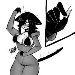 1girls 2024 bikini black_eyes black_hair blush breasts broken_zipper cat_ears cat_tail catgirl cleavage facial_markings female gloves large_breasts original standing surprised tagme tekona wardrobe_malfunction