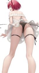 1girls :d absurdres ass back bare_shoulders black_panties blue_eyes breasts dress frilled_dress frills from_behind from_below halo heart heart_halo highres hololive hololive_english horns irys_(casualrys)_(hololive) irys_(hololive) median_furrow medium_hair off-shoulder_dress off_shoulder official_alternate_hair_length official_alternate_hairstyle open_mouth panties pointy_ears red_hair short_hair simple_background skindentation smile solo somebody_(leiking00) teeth thigh_strap thighs underwear upper_teeth_only upskirt virtual_youtuber white_background white_dress