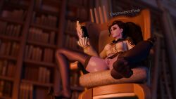 3d black_eyebrows black_hair blender bottomless breasts brown_eyes close-up clothed clothed_breasts clothed_female clothed_masturbation curvy_hips earrings female fingering fingering_self from_below indoors library low_angle navel ponytail pussy pussy_lips reading reading_book relaxing shaved_pussy shaved_vagina shiny_skin sitting sitting_on_chair smooth_pussy smooth_skin solo solo_focus spread_legs spread_pussy spread_vagina thighhighs topwear twohandedfork vaginal_stimulation