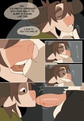 000atanerriaper000 anthro balls bovid bovine brown_hair cattle clothing duo english_text finger_in_mouth gay gay_male genitals green_clothing green_shirt green_topwear hair hi_res horn male male/male mammal open_mouth penis piercing shirt sleeping speech_bubble teeth teeth_showing text tired tongue tongue_piercing topwear yaoi