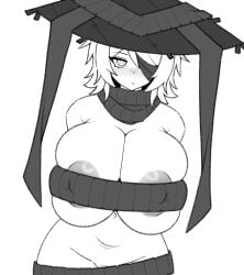 1girls areola_slip areolae blush breasts bursting_breasts busty cleavage eyepatch faust_(limbus_company) female female_only hat headwear huge_breasts limbus_company looking_at_viewer naked_scarf nipple_bulge nude project_moon scarf short_hair solo vodomedia