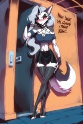 1girls ai_generated anthro big_breasts blush crop_top ears female fingerless_gloves furry gigiti grey_body grey_fur grey_hair hellhound helluva_boss large_breasts long_hair looking_at_viewer loona_(helluva_boss) no_bra red_sclera shirt shorts spiked_collar tail talking_to_viewer thighhighs two_tone_body two_tone_fur two_tone_tail white_body white_eyes white_fur white_hair wolf wolf_girl