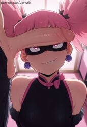 1boy 1girl1boy ai ai_generated ball_earrings bare_shoulders bedroom big_penis black_leotard blush boku_no_hero_academia bridal_gauntlets clothed clothed_female collarbone cute cute_face day domino_mask faceless_male female female female_focus hair_accessory haneyama_kazuho imminent_fellatio imminent_oral indoors kneeling male male/female mask medium_breasts my_hero_academia penis penis_on_face penis_out penis_over_face penis_resting_on_face pink_eyes pink_hair pop_step smirk testicles thong_leotard twintails veiny veiny_penis vigilante:_my_hero_academia_illegals vortalis
