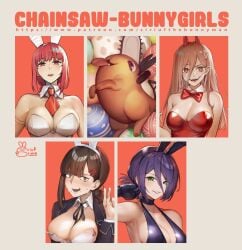 1other 4girls animal_ears artist_logo artist_name big_breasts black_choker black_gloves black_jacket black_leotard black_ribbon black_thighhighs blush bow bowtie braid braided_ponytail breasts brown_hair bunny_ears bunnysuit chainsaw_man chicken_leg choker cleavage cross-shaped_pupils detached_collar easter_egg egg fake_animal_ears fake_tail fangs female female_only food gloves green_eyes grenade_pin hair_between_eyes hair_bun hair_ornament hairclip higashiyama_kobeni horns jacket large_breasts leotard long_hair looking_at_viewer makima_(chainsaw_man) medium_breasts medium_hair mole mole_under_eye mole_under_mouth multiple_girls multiple_moles neck_ribbon necktie nervous_smile open_mouth orange_background parted_lips playboy_bunny pochita_(chainsaw_man) power_(chainsaw_man) rabbit_ears rabbit_tail red_bow red_bowtie red_eyes red_hair red_horns red_leotard red_necktie reze_(chainsaw_man) ribbon ringed_eyes sharp_teeth short_hair short_ponytail sideboob sidelocks simple_background single_hair_bun siriuflong sitting smile strapless strapless_leotard sweat sweating_profusely symbol-shaped_pupils tail teeth thighhighs tongue tongue_out v white_armband white_leotard