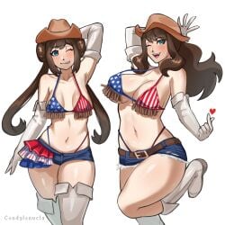 2girls american_flag american_flag_bikini bikini bikini_under_clothes blue_eyes boots brown_hair condylonucla cowboy_hat crop_top denim denim_shorts female flag flag_bikini gloves hat highres hilda_(pokemon) long_hair multiple_girls nintendo pokemon pokemon_bw pokemon_bw2 rosa_(pokemon) shorts swimsuit