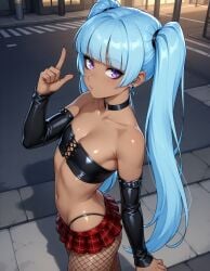1girls ai_generated alex_(lugame) blue_hair brown_body choker city dark-skinned_female detached_sleeves ear_piercing earrings eyebrows_visible_through_hair eyeshadow female fishnets flat_chest goth goth_girl lace leather long_hair looking_at_viewer lugame midriff outside petite_breasts plaid_skirt pouty_lips prostitute purple_eyes schoolgirl street thong twintails