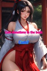 ai_generated asian asian_female big_ass big_breasts black_hair blush brown_eyes caption captioned female front_view japanese_clothes japanese_female large_breasts light-skinned_female light_skin long_hair oc original_character ponytail red_skirt ribbon shrine shrine_maiden shrine_maiden_costume skirt speech text thick_thighs