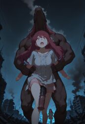 1girls ai_generated cum dark_skin destroyed_building female fucked_from_behind imminent_sex interspecies large_male large_penis male minotaur night_sky penis penis_between_thighs precum rin_(shelter) rubble ruined_city scared self_upload shelter_(porter_robinson) shocked tagme thighs wasteland wide_eyed