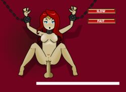 adventurequest_worlds aqw aqworlds arms_up artix_entertainment blue_eyes blush breasts chained chains circlet clothing collar_only disembodied_penis dubious_consent gravelyn handcuffed handcuffs long_hair metal_collar metal_cuffs penis pubic_hair red_background red_hair small_nipples text vaginal vaginal_penetration vaginal_sex