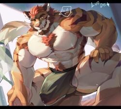 abs big_muscles chest_hair dick_slip hard_cock luodejun male muscular muscular_male nipples open_mouth orange_body pecs peeking_penis precum precum_drip precum_through_clothing precum_through_underwear pubes pubic_hair shirtless smile smiling smirk spread_legs squatting tiger underwear veins veiny veiny_muscles white_body winking