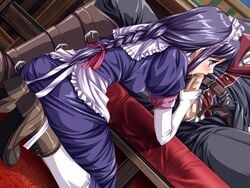 ass blue_eyes blush braid chair fellatio game_cg handjob long_hair maid maid_uniform military_uniform oral penis purple_hair ryoujoku_guerilla_gari shironeko_sanbou suck_my_dick_or_die! uncensored uniform