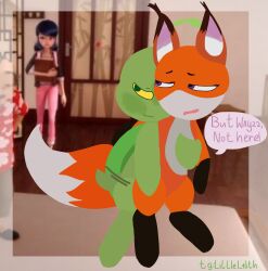 absurd_res anthro anthro_on_anthro artist_name dialogue english_text female fox_ears fox_tail green_skin ibispaintx kwami littlelilith male male/female mating miraculous_ladybug orange_body orange_fur screencap_background sex sex_from_behind trixx_(miraculous_ladybug) turtle vaginal_penetration violet_eyes wayzz_(miraculous_ladybug) yellow_eyes