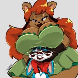 1:1 1boy 1boy1girl 1girls 2025 absurd_res anthro anthro_female anthro_male anthrofied artist_name artist_signature bear bedroom_eyes big_breasts blue_fur blush blush_lines boob_hat breasts buck_teeth buckteeth buster_bunny cheek cleavage clothed clothing colored countershading dated digital_drawing_(artwork) digital_media_(artwork) digitaldomain123 dress duo ear ear_piercing ear_ring eyelashes eyes facial_tuft female fur furry furry_female furry_male gloves green_dress grey_background hair handjob handwear hi_res highres huge julie_bruin kiss_mark_on_face kissing lagomorph large_breasts leoprid lips lipstick long_ears long_hair looney_tunes male male/female mammal mature_female motion_lines narrowed orange_hair piercing pivoted_ears rabbit rabbit_boy rabbit_ears red_lipstick ring_piercing shaded shirt simple_background size_difference teeth thick_lips thick_thighs thighs tiny_toon_adventures tiny_toons topwear tuft underboob ursid ursine warner_bros warner_brothers wavy_mouth wide_hips younger_male