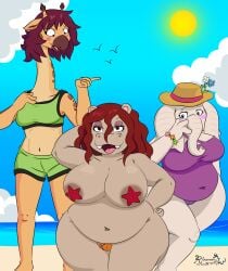 absurd_res anthro belly big_breasts bikini bikini_shorts blush breasts clothing colored_edge_bikini common_hippopotamus elephant elephantid female giraffe giraffid group hi_res hippopotamid mammal midriff navel pasties proboscidean rinarooni slightly_chubby slim swimwear thick_thighs trio