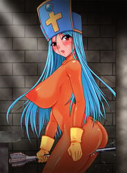 areolae ass between_legs blue_hair blush breasts clothed_masturbation clothing dragon_quest dragon_quest_iii erect_nipples erect_nipples_under_clothes female female_only female_orgasm gloves hat huge_breasts human kazuma large_areolae large_breasts leotard lips long_hair mace masturbation nipples no_bra no_panties open_mouth priest_(dq3) profile puffy_nipples red_eyes roshiman see-through solo squirt standing thighs weapon