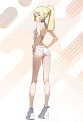 1girls absurdres ass back bikini black_choker blonde_hair breasts brown_background choker commentary english_commentary female full_body green_eyes highres lillie_(pokemon) looking_at_viewer looking_back medium_hair nintendo otokakoto pokemon pokemon_sm ponytail shoes side-tie_bikini_bottom small_breasts sneakers solo standing striped_background swimsuit white_background white_shoes