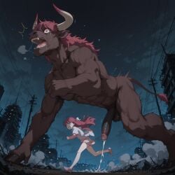 1girls ai_generated cum dark_skin destroyed_building female interspecies large_male large_penis male minotaur night_sky rin_(shelter) rubble ruined_city running running_away scared self_upload shelter_(porter_robinson) shocked tagme thighs wasteland wide_eyed